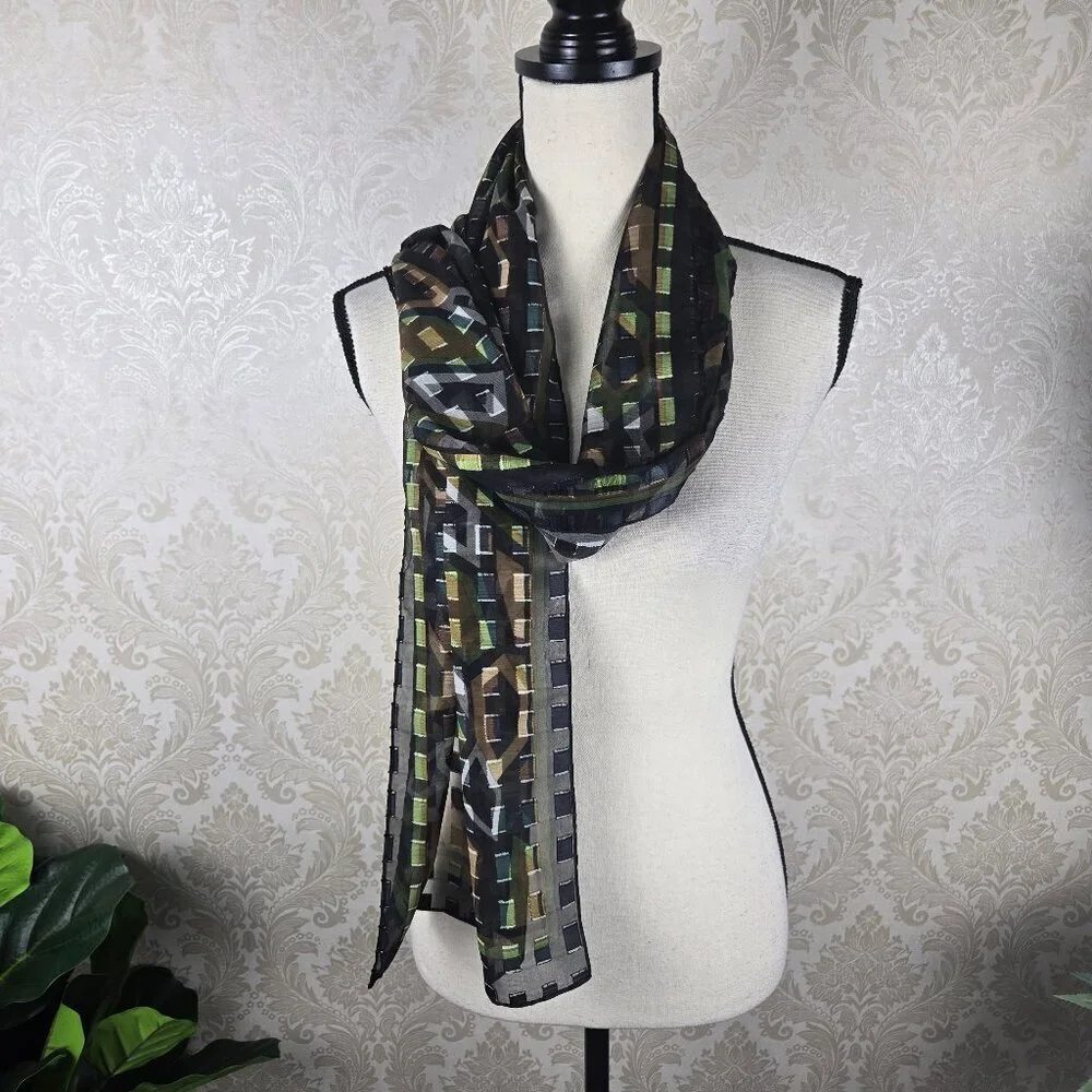Semi Sheer Oblong Scarf Black Green Brown White Geometric Square Pattern